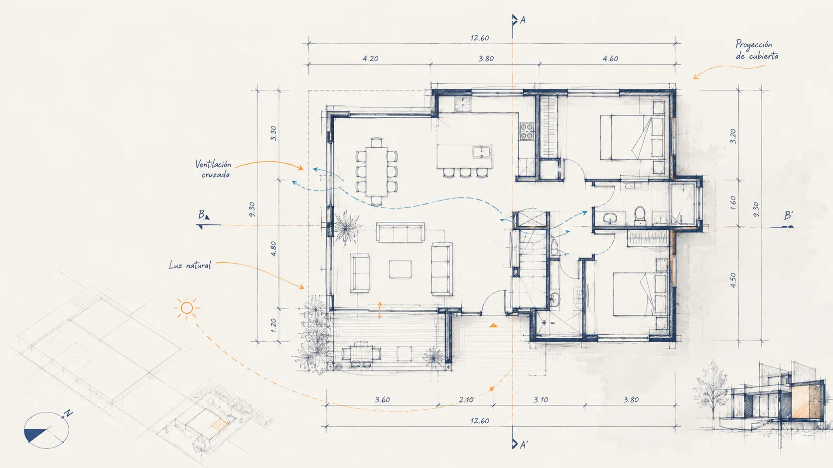 Croquis de un plano arquitectónico con anotaciones de ventilación cruzada y luz natural