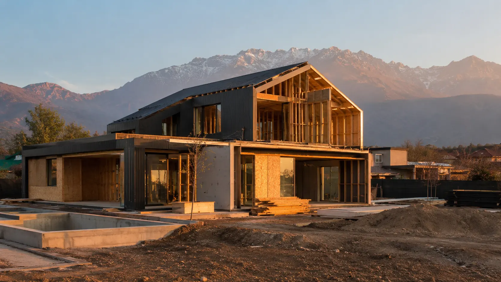 Casa en construcción en Chile con la cordillera de los Andes de fondo